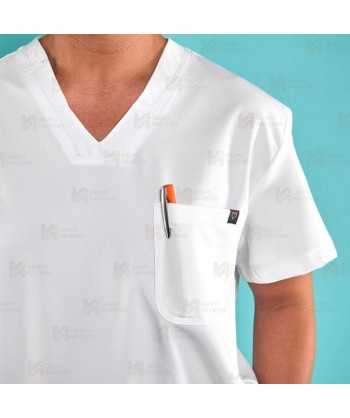 Casaca sanitaria de color blanco, antibacteriana de manga corta con bolsillos para hombre