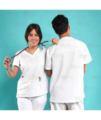 Casaca sanitaria de color blanco, antibacteriana de manga corta con bolsillos para hombre