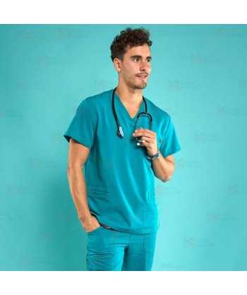 Casaca sanitaria de color agua marina, antibacteriana de manga corta con bolsillos para hombre