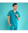 Casaca sanitaria de color agua marina, antibacteriana de manga corta con bolsillos para hombre