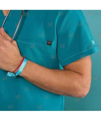 Casaca sanitaria de color agua marina, antibacteriana de manga corta con bolsillos para hombre