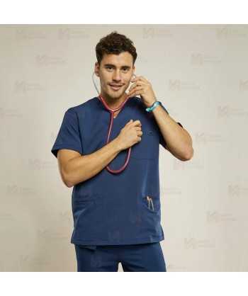 Casaca sanitaria de color azul marino, antibacteriana de manga corta con bolsillos para hombre