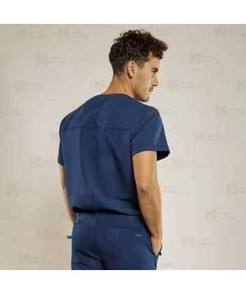 Casaca sanitaria de color azul marino, antibacteriana de manga corta con bolsillos para hombre