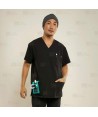 Casaca sanitaria de color negro, antibacteriana de manga corta con bolsillos para hombre