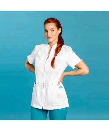 Casaca color blanco con cremallera para mujer con tejido técnico 100% microfibra