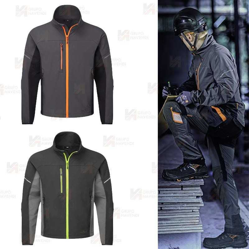 Chaqueta de trabajo con tejido elástico color gris oscuro y naranja flúor