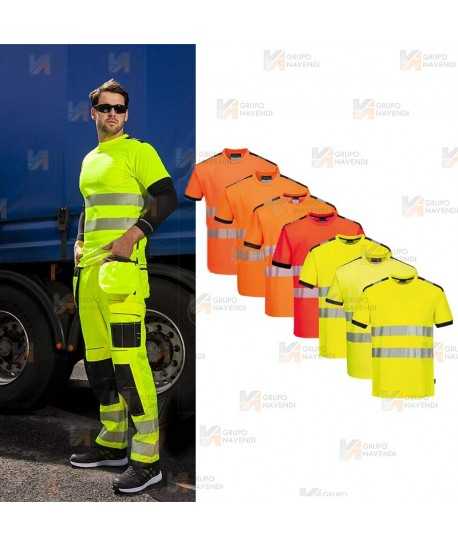 Camiseta alta visibilidad con cintas reflectantes segmentadas