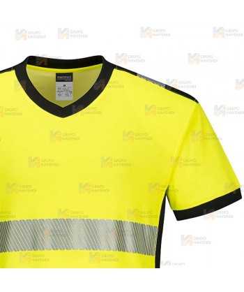 Camiseta alta visibilidad cuello pico con cintas reflectantes segmentadas