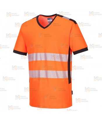 Camiseta alta visibilidad cuello pico con cintas reflectantes segmentadas