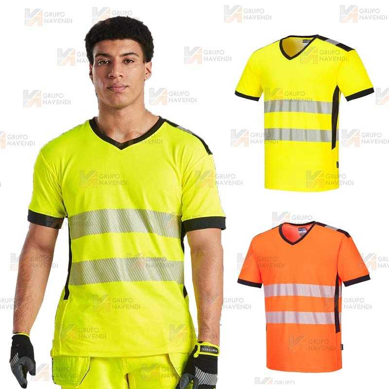 Camiseta alta visibilidad cuello pico con cintas reflectantes segmentadas