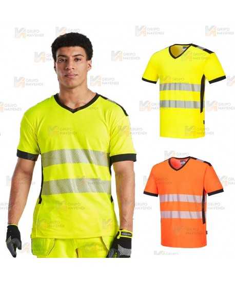 Camiseta alta visibilidad cuello pico con cintas reflectantes segmentadas