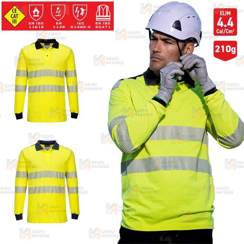 Polo ignífugo Modaflame de alta visibilidad y multinorma color amarillo flúor y negro