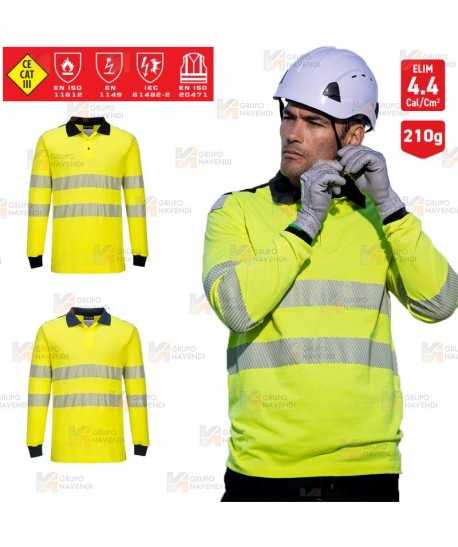 Polo ignífugo Modaflame de alta visibilidad y multinorma color amarillo flúor y negro