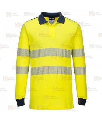 Polo ignífugo Modaflame de alta visibilidad y multinorma color amarillo flúor y azul marino