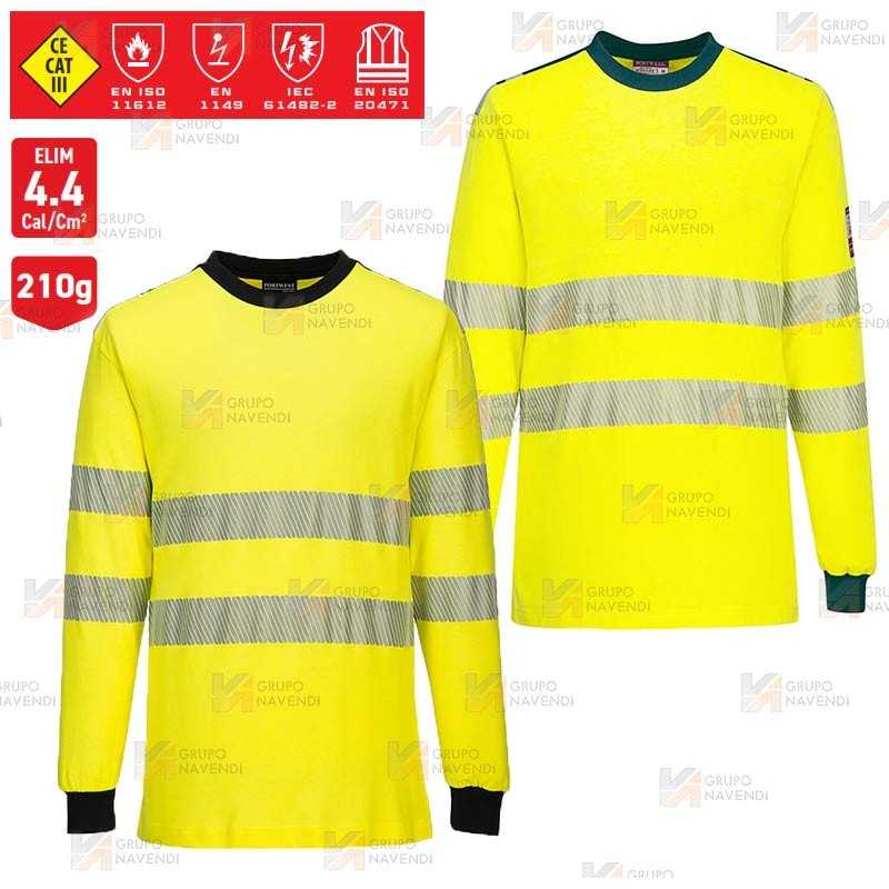 Camiseta ignífuga Modaflame de alta visibilidad y multinorma color amarillo flúor y azul marino