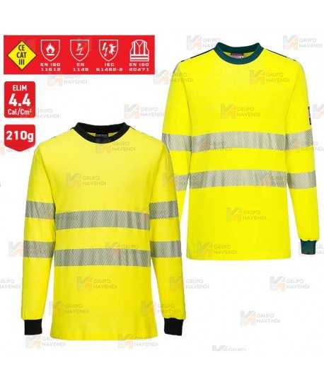Camiseta ignífuga Modaflame de alta visibilidad y multinorma color amarillo flúor y azul marino