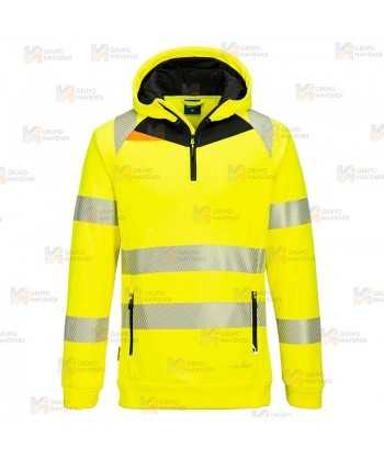 Sudadera de alta visibilidad con capucha y media cremallera color amarillo flúor y negro