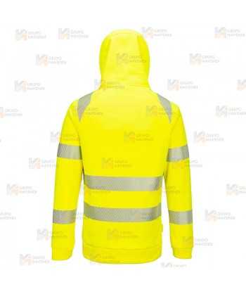 Sudadera de alta visibilidad con capucha y media cremallera color amarillo flúor y negro
