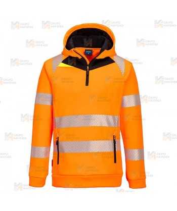 Sudadera de alta visibilidad con capucha y media cremallera color naranja flúor y negro