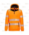 Sudadera de alta visibilidad con capucha y media cremallera color naranja flúor y negro