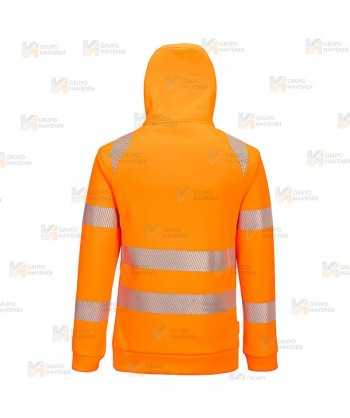 Sudadera de alta visibilidad con capucha y media cremallera color naranja flúor y negro
