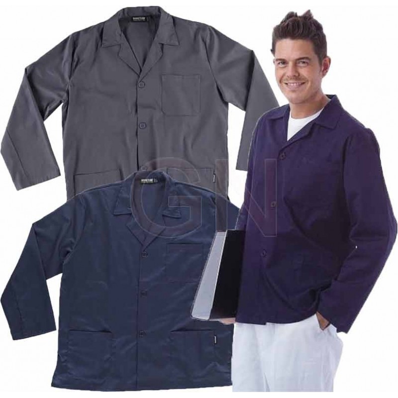 Bata sahariana corta unisex con cuello y tres bolsillos color gris oscuro