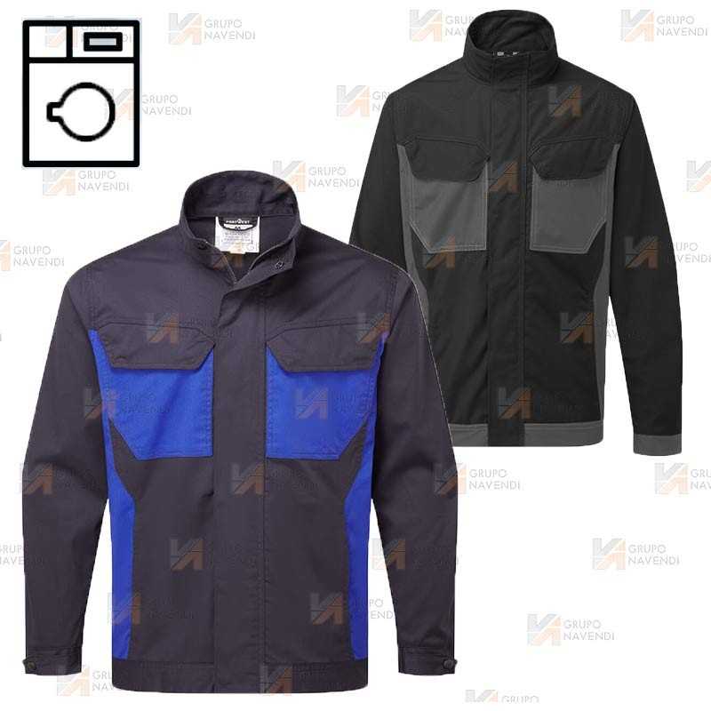 Chaqueta bicolor, bielástica diseñada para lavado industrial