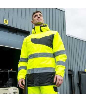 Parka bicolor impermeable y acolchada de alta visibilidad color amarillo flúor y negro