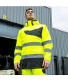 Parka bicolor impermeable y acolchada de alta visibilidad color amarillo flúor y negro