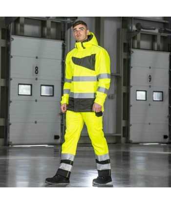 Parka bicolor impermeable y acolchada de alta visibilidad color amarillo flúor y negro