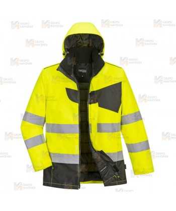 Parka bicolor impermeable y acolchada de alta visibilidad color amarillo flúor y negro