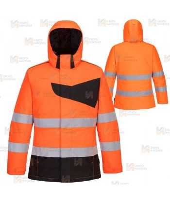 Parka bicolor impermeable y acolchada de alta visibilidad color naranja flúor y negro