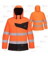 Parka bicolor impermeable y acolchada de alta visibilidad color naranja flúor y negro