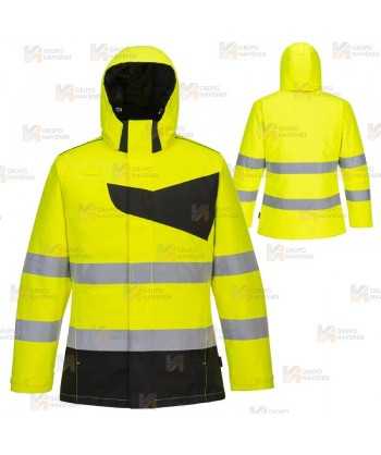 Parka bicolor impermeable y acolchada de alta visibilidad color amarillo flúor y negro