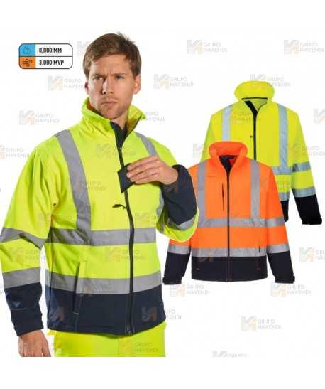 Cazadora softshell, bicolor, tricapa en alta visibilidad