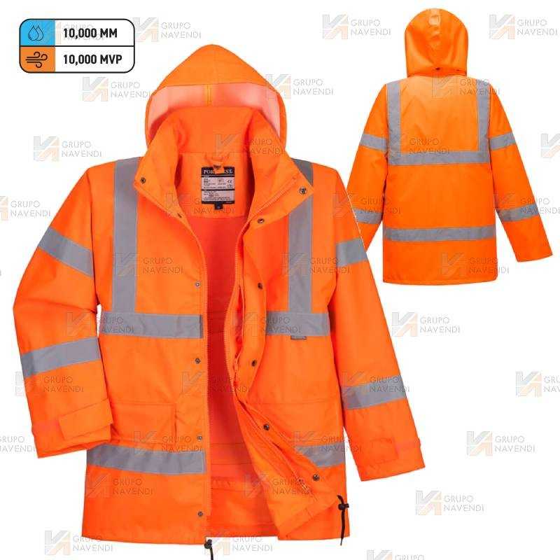 Parka ligera impermeable de alta visibilidad en naranja flúor
