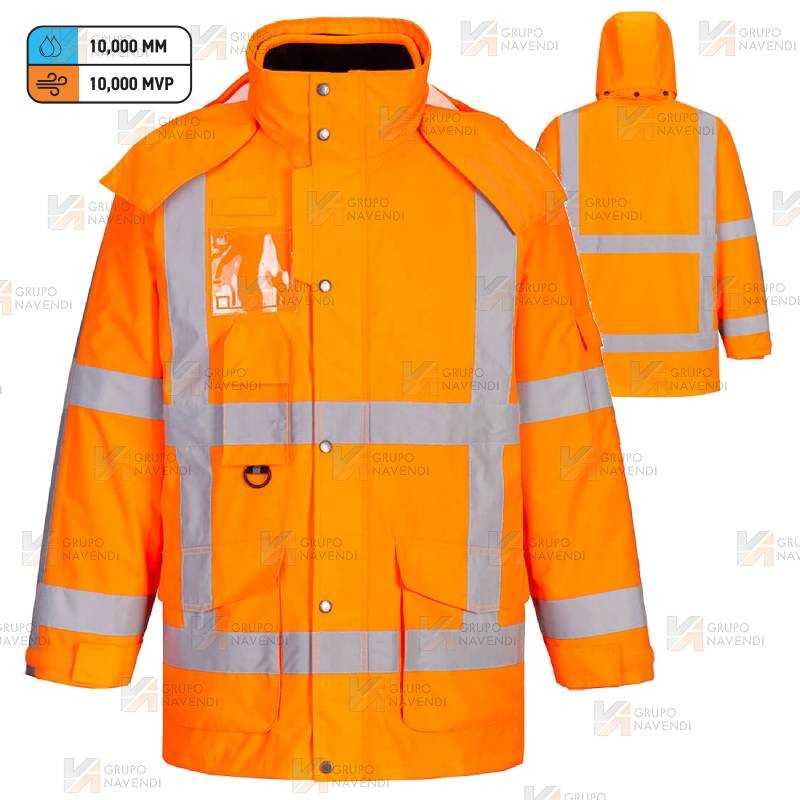 Parka impermeable con forro polar desmontable de alta visibilidad naranja flúor