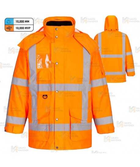 Parka impermeable con forro polar desmontable de alta visibilidad naranja flúor