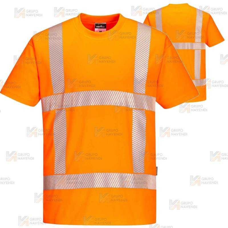 Camiseta de manga corta color naranja flúor de alta visibilidad con cintas segmentadas