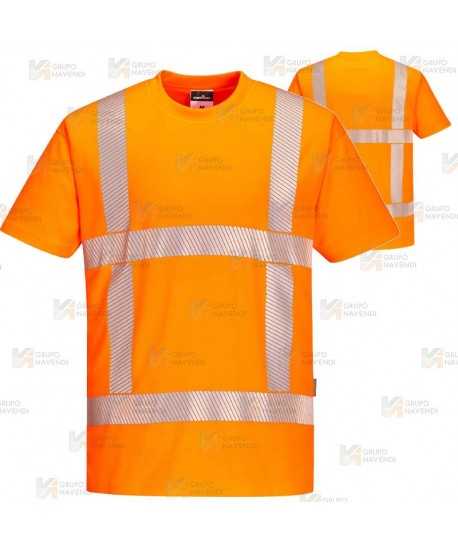 Camiseta de manga corta color naranja flúor de alta visibilidad con cintas segmentadas