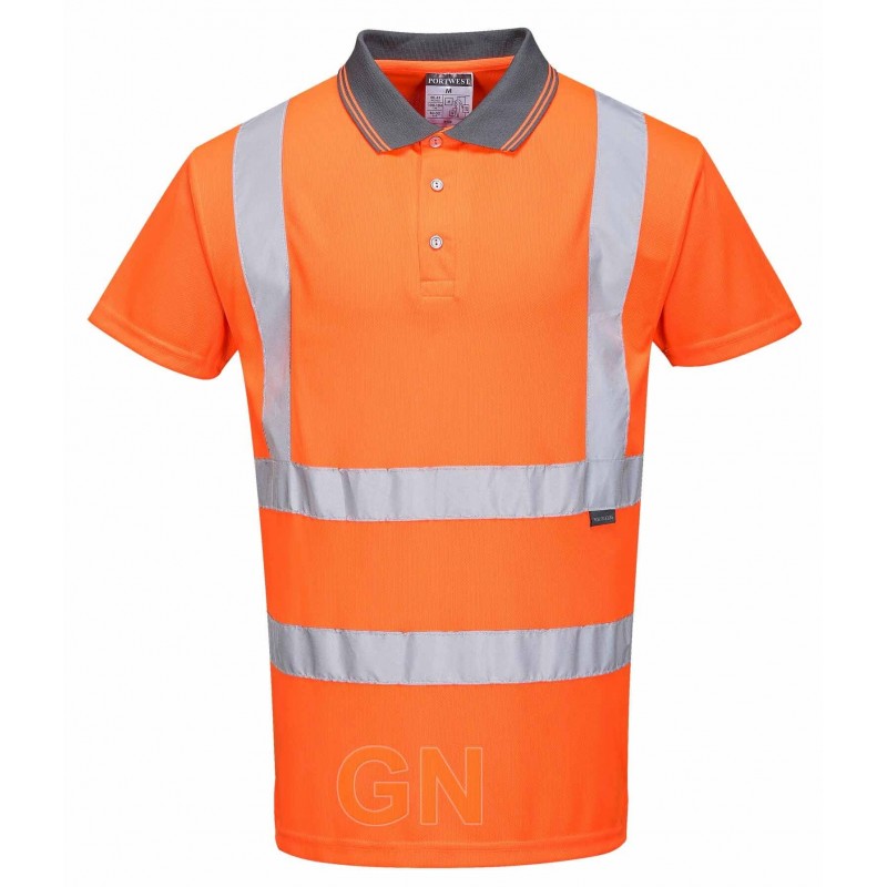 Polo transpirable de manga corta bicolor naranja alta visibilidad/gris