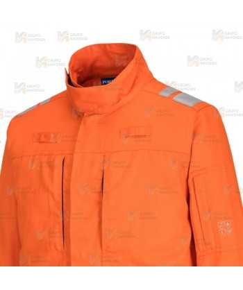 Cazadora ignífuga, antiestática y anti arco color naranja con cintas reflectantes y tejido elástico