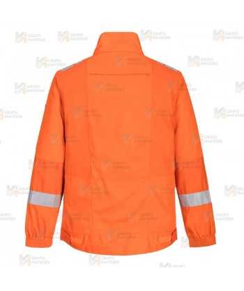 Cazadora ignífuga, antiestática y anti arco color naranja con cintas reflectantes y tejido elástico