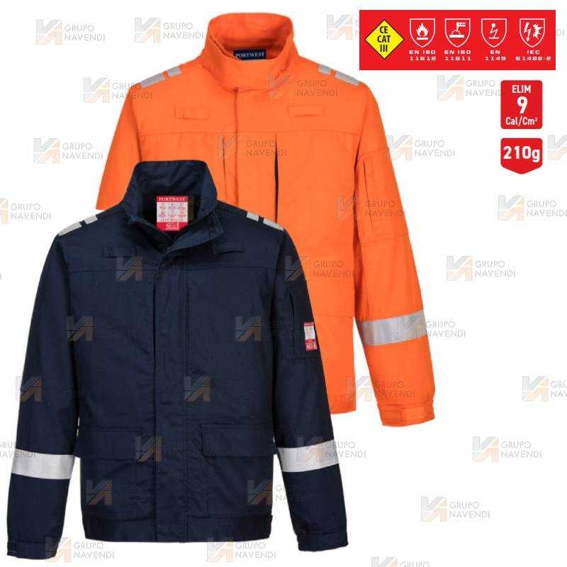 Cazadora ignífuga, antiestática y anti arco color marino con cintas reflectantes y tejido elástico