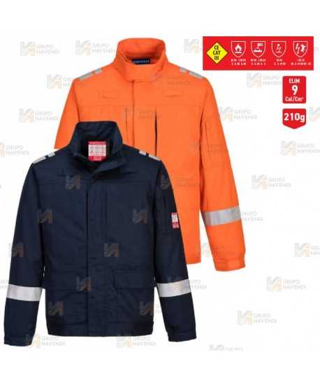 Cazadora ignífuga, antiestática y anti arco color marino con cintas reflectantes y tejido elástico