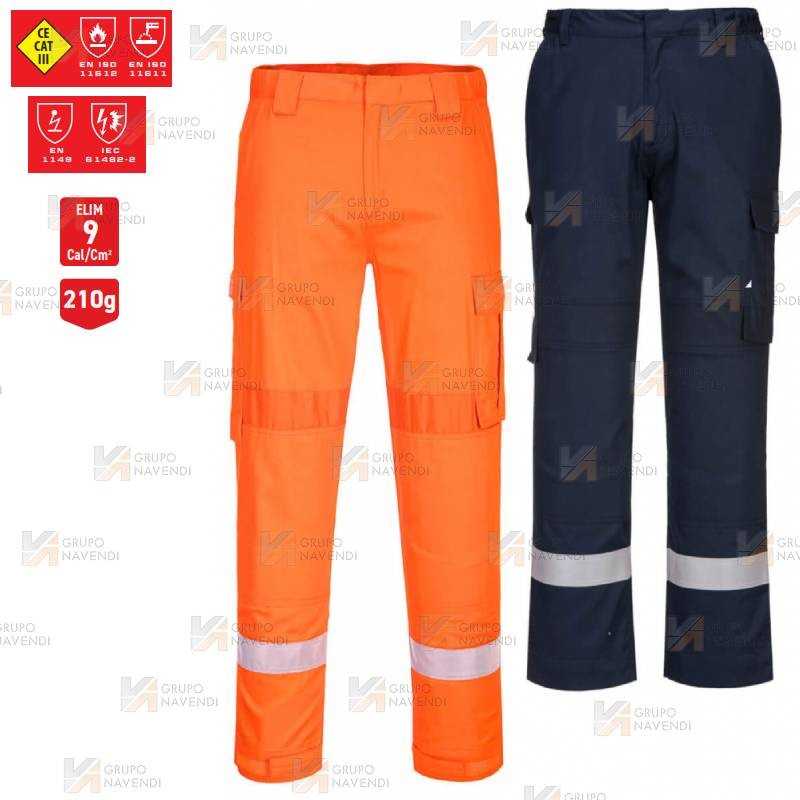 Pantalón ignífugo, antiestático, elástico y anti arco color naranja con cintas reflectantes