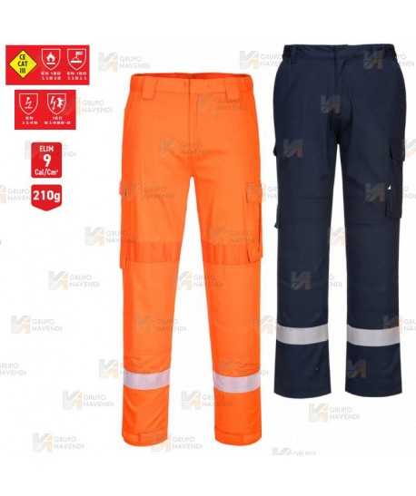 Pantalón ignífugo, antiestático, elástico y anti arco color naranja con cintas reflectantes