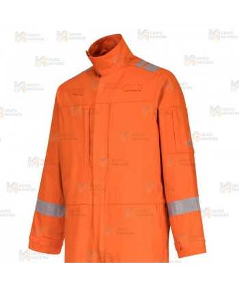 Buzo grueso, ignífugo, antiestático, elástico y anti arco color naranja con cintas reflectantes