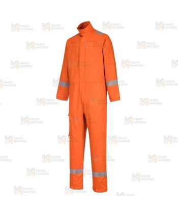 Buzo grueso, ignífugo, antiestático, elástico y anti arco color naranja con cintas reflectantes