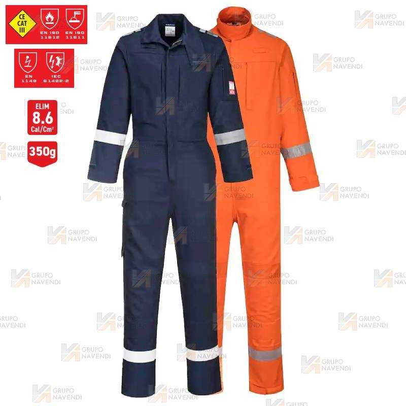 Buzo grueso, ignífugo, antiestático, elástico y anti arco color naranja con cintas reflectantes